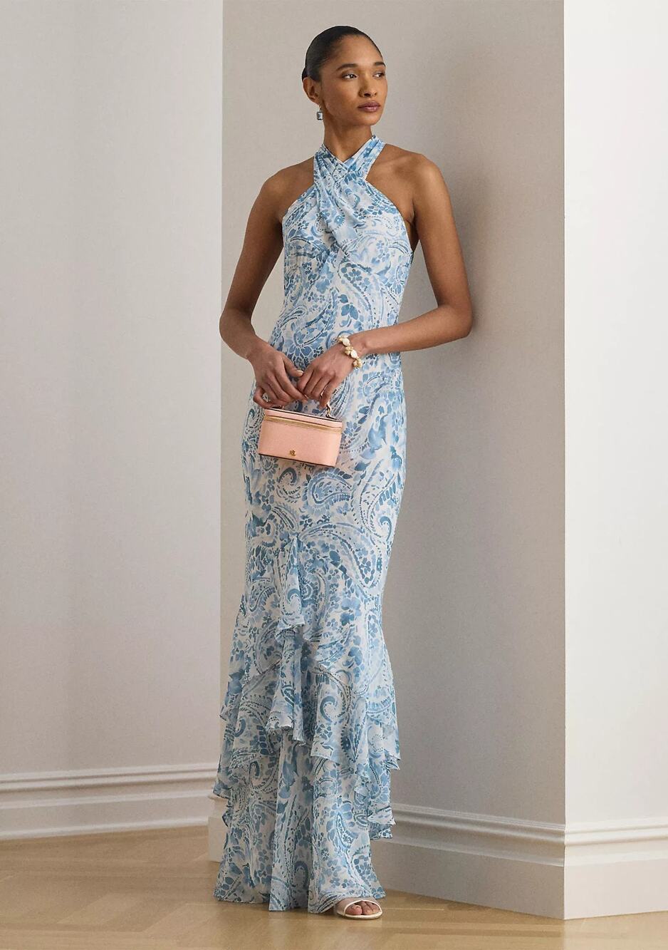 Lauren Ralph Lauren Paisley Crinkle Georgette Halter Gown Size 14 3950